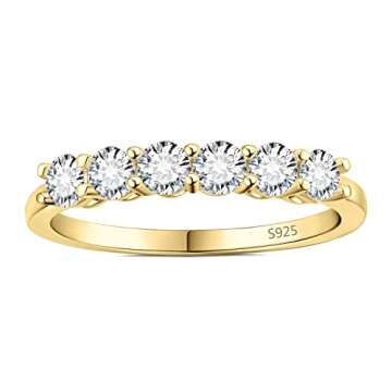 JewelryPalace 6 Stone Cubic Zirconia Half Eternity Stackable Wedding Rings for Women, 14K Yellow Gold Plated 925 Sterling Silver Promise Rings for Her, Simulated Diamond Anniversary Wedding Band 6