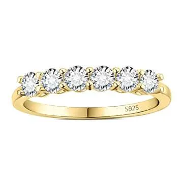 JewelryPalace 6 Stone Cubic Zirconia Half Eternity Stackable Wedding Rings for Women, 14K Yellow Gold Plated 925 Sterling Silver Promise Rings for Her, Simulated Diamond Anniversary Wedding Band 6