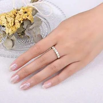 JewelryPalace 6 Stone Cubic Zirconia Half Eternity Stackable Wedding Rings for Women, 14K Yellow Gold Plated 925 Sterling Silver Promise Rings for Her, Simulated Diamond Anniversary Wedding Band 6