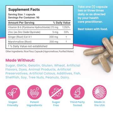 Maternal Balance Vitamin B6 25mg Pregnancy Support, Plus Ginger & Zinc. Ease Morning Queasiness. 90 Easy Swallow Veggie Capsules, Made in The USA.