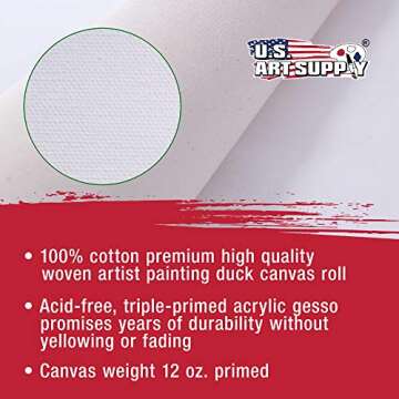 U.S. Art Supply 36" Wide x 6 Yards (18 Feet) Long Unstretched Canvas Roll - 100% Cotton, 12-Ounce Triple Primed Gesso, Acid-Free - Pro Artist Quality, Oil & Acrylic Painting, Murals Backdrop, Cut Size