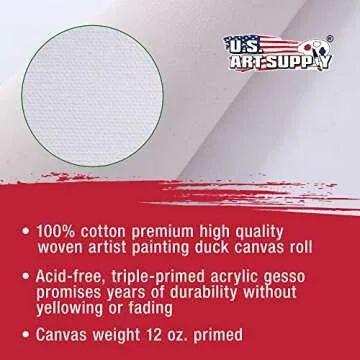 U.S. Art Supply 36" Wide x 6 Yards (18 Feet) Long Unstretched Canvas Roll - 100% Cotton, 12-Ounce Triple Primed Gesso, Acid-Free - Pro Artist Quality, Oil & Acrylic Painting, Murals Backdrop, Cut Size