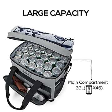 TOURIT Insulated Cooler Bag 46-Can 32L, Soft Portable Lunch Cooler for Picnic, Beach, Camping, Travel, Work, Grey