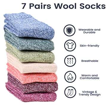 Clothirily 7 Pairs Wool Socks - Wool Socks for Women, Thick Knit Womens Wool Socks, Warm Socks for Women, Winter Crew Socks Cozy Socks Gifts socks for Women