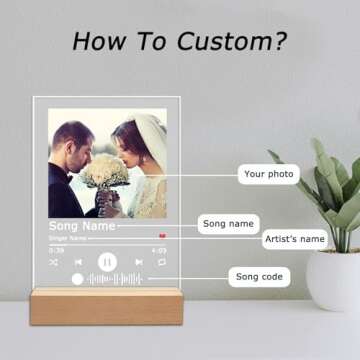 Wucidici Custom Picture Song Plaque, Personalized Photo Frame Music Plaques Gifts for Boyfriend, Customized Glass Art Acrylic Album Cover Night Light Gift for Couple Women Girlfriend