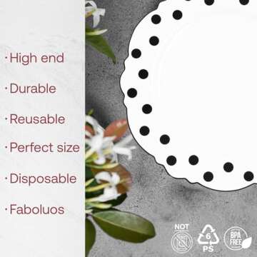 Smarty Had A Party White Plastic Plates, Disposable Dinner Plate with Black Round Dots Blossom Desig...