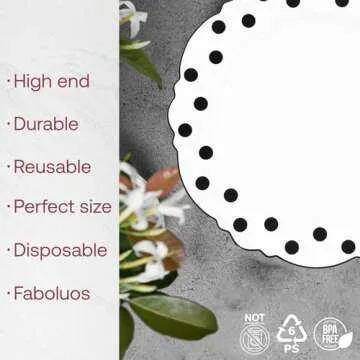 Smarty Had A Party White Plastic Plates, Disposable Dinner Plate with Black Round Dots Blossom Desig...