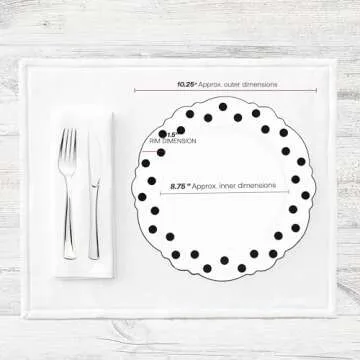 Smarty Had A Party White Plastic Plates, Disposable Dinner Plate with Black Round Dots Blossom Design, 10.25" Elegant Dinnerware for Wedding, Birthday & Other Occasions (120 pcs)