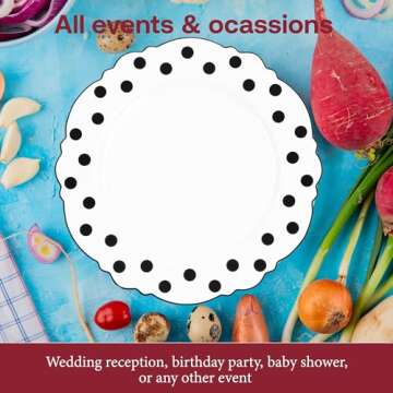 Smarty Had A Party White Plastic Plates, Disposable Dinner Plate with Black Round Dots Blossom Design, 10.25" Elegant Dinnerware for Wedding, Birthday & Other Occasions (120 pcs)