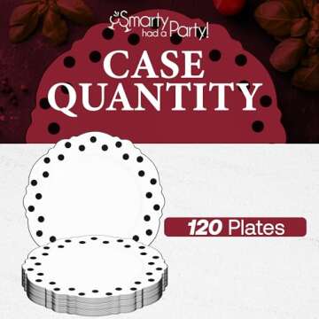 Smarty Had A Party White Plastic Plates, Disposable Dinner Plate with Black Round Dots Blossom Design, 10.25" Elegant Dinnerware for Wedding, Birthday & Other Occasions (120 pcs)