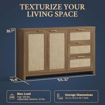 OAKHAM HOME Kitchen Storage Cabinets, Buffet Cabinet with Storage Rattan Sideboard Cabinet Organizer 3 Drawers and 2 Doors Accent Console Table for Kitchen Hallway Living Room bar (Special Walnut)