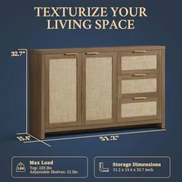 OAKHAM HOME Kitchen Storage Cabinets, Buffet Cabinet with Storage Rattan Sideboard Cabinet Organizer 3 Drawers and 2 Doors Accent Console Table for Kitchen Hallway Living Room bar (Special Walnut)