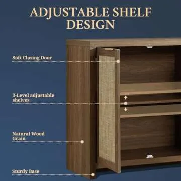 OAKHAM HOME Kitchen Storage Cabinets, Buffet Cabinet with Storage Rattan Sideboard Cabinet Organizer 3 Drawers and 2 Doors Accent Console Table for Kitchen Hallway Living Room bar (Special Walnut)