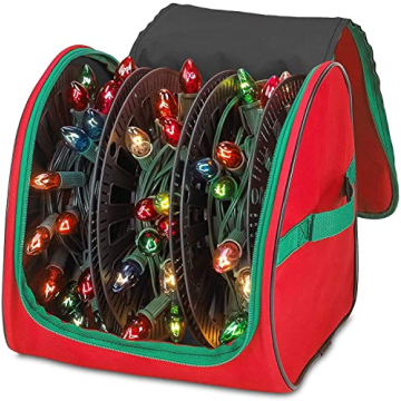 Premium Christmas Light Storage Bag – Heavy Duty Tear Proof 600D/Inside PVC Material with Reinforced Handles - With 3 Reels Stores up to 375 Ft of Mini Christmas Tree Lights & Extension Cords - Red