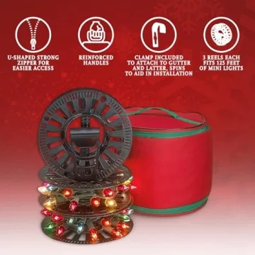 Premium Christmas Light Storage Bag – Heavy Duty Tear Proof 600D/Inside PVC Material with Reinforced Handles - With 3 Reels Stores up to 375 Ft of Mini Christmas Tree Lights & Extension Cords - Red