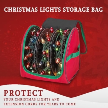 Premium Christmas Light Storage Bag – Heavy Duty Tear Proof 600D/Inside PVC Material with Reinforced Handles - With 3 Reels Stores up to 375 Ft of Mini Christmas Tree Lights & Extension Cords - Red