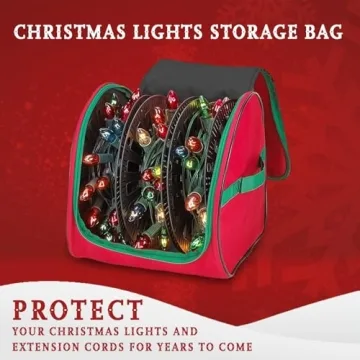Premium Christmas Light Storage Bag – Heavy Duty Tear Proof 600D/Inside PVC Material with Reinforced Handles - With 3 Reels Stores up to 375 Ft of Mini Christmas Tree Lights & Extension Cords - Red