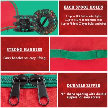 Premium Christmas Light Storage Bag – Heavy Duty Tear Proof 600D/Inside PVC Material with Reinforced Handles - With 3 Reels Stores up to 375 Ft of Mini Christmas Tree Lights & Extension Cords - Red