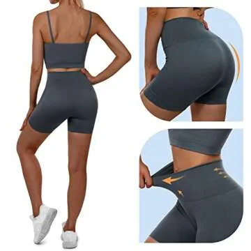 Sportneer Workout Sets Women 2 Piece, Ribbed Seamless High Waisted Shorts and Cute Longline Sports Bra Matching Gym Yoga Set Activewear Dark Grey M