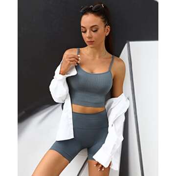 Sportneer Workout Sets Women 2 Piece, Ribbed Seamless High Waisted Shorts and Cute Longline Sports Bra Matching Gym Yoga Set Activewear Dark Grey M