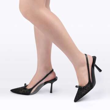 SHOBOO Women's Pumps with Bow Black Slingback Heels for Women 3.2 Inch Stiletto Pointed Toe Heels Closed Toe Wedding Party Dress Mesh Pumps Shoes