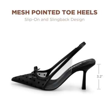 SHOBOO Women's Pumps with Bow Black Slingback Heels for Women 3.2 Inch Stiletto Pointed Toe Heels Closed Toe Wedding Party Dress Mesh Pumps Shoes