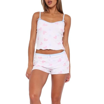 Women Y2K 2 Piece Lace Cami Shorts Set Cute Bow Crop Top and Shorts Matching Pj Pajamas Lounge Set S...