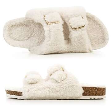 FITORY Womens Open Toe Slipper with Cozy Lining,Faux Rabbit Fur Cork Slide Sandals Beige Size 7