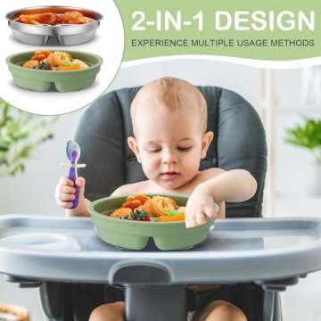 Nuogo 3 Pcs Stainless Steel Baby Suction Plates with Removable Silicone Shell 2-in-1 Metal Toddler Bowl Divided for Picky Eaters Kids Feeding Led Weaning Supplies, Dishwasher Safe (Blue,Pink,Green)