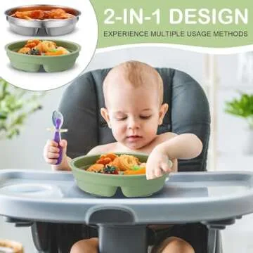 Nuogo 3 Pcs Stainless Steel Baby Suction Plates with Removable Silicone Shell 2-in-1 Metal Toddler Bowl Divided for Picky Eaters Kids Feeding Led Weaning Supplies, Dishwasher Safe (Blue,Pink,Green)