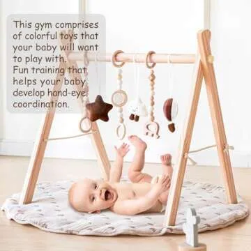 Wooden Baby Play Gym with Mat, Foldable Baby Play Gym Frame Activity Gym Hanging Bar with 6 Gym Baby Toys Rainbow Playmats for Newborn Baby (Natural)