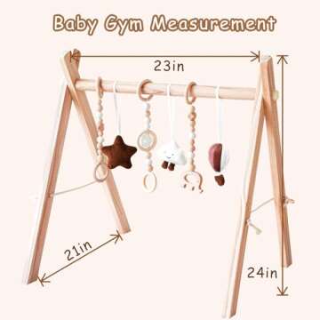 Wooden Baby Play Gym with Mat, Foldable Baby Play Gym Frame Activity Gym Hanging Bar with 6 Gym Baby Toys Rainbow Playmats for Newborn Baby (Natural)