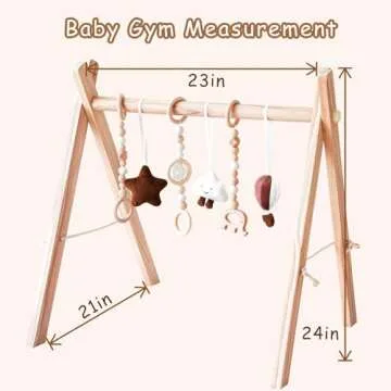 Wooden Baby Play Gym with Mat, Foldable Baby Play Gym Frame Activity Gym Hanging Bar with 6 Gym Baby Toys Rainbow Playmats for Newborn Baby (Natural)