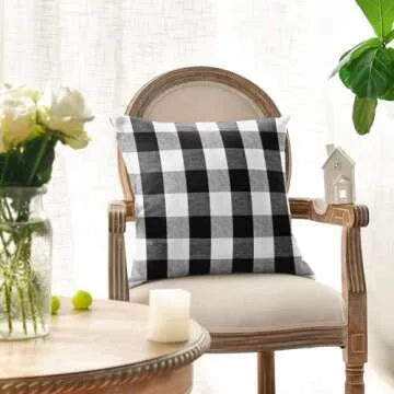 Pack of 2 Classic Farmhouse Buffalo Check Plaids Polyester Linen Soft Soild Decorative Square Throw Pillow Covers Home Decor Cushion Case for Sofa Bedroom 22 x 22 Inch, Black and White