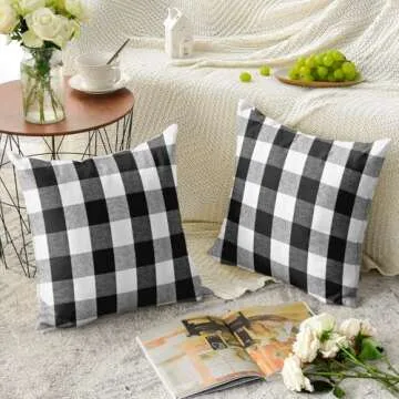 Pack of 2 Classic Farmhouse Buffalo Check Plaids Polyester Linen Soft Soild Decorative Square Throw Pillow Covers Home Decor Cushion Case for Sofa Bedroom 22 x 22 Inch, Black and White