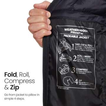 Weatherproof Men's Puffer Jacket, Lightweight Alternative Down Jacket with Packable Travel Neck Pillow, Travel-Ready Winter Jackets for Men, Water & Wind Resistant, Black, Large