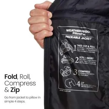 Weatherproof Men's Puffer Jacket, Lightweight Alternative Down Jacket with Packable Travel Neck Pillow, Travel-Ready Winter Jackets for Men, Water & Wind Resistant, Black, Large