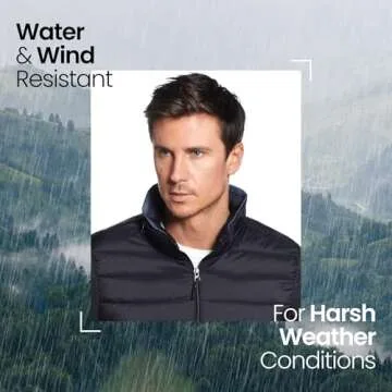 Weatherproof Men's Puffer Jacket, Lightweight Alternative Down Jacket with Packable Travel Neck Pillow, Travel-Ready Winter Jackets for Men, Water & Wind Resistant, Black, Large