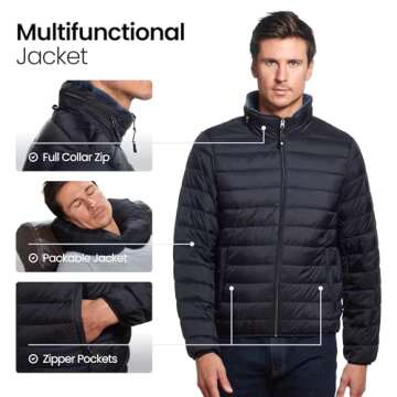 Weatherproof Men's Puffer Jacket, Lightweight Alternative Down Jacket with Packable Travel Neck Pillow, Travel-Ready Winter Jackets for Men, Water & Wind Resistant, Black, Large