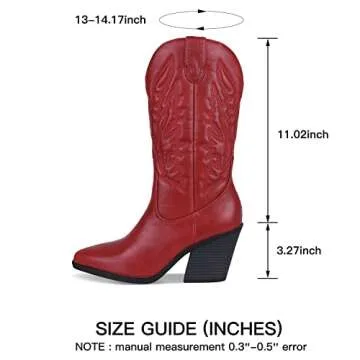 SHIBEVER Cowgirl Boots for Womens Western: Red Cowboy Pointy Toe Chunky Heel Embroidered Mid Calf Boot with Side Zipper 10