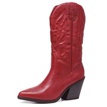 SHIBEVER Cowgirl Boots for Womens Western: Red Cowboy Pointy Toe Chunky Heel Embroidered Mid Calf Boot with Side Zipper 10