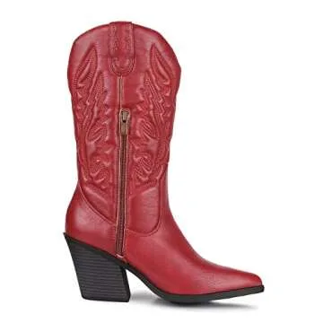 SHIBEVER Cowgirl Boots for Womens Western: Red Cowboy Pointy Toe Chunky Heel Embroidered Mid Calf Boot with Side Zipper 10