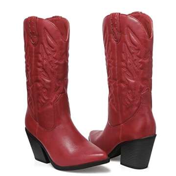 SHIBEVER Cowgirl Boots for Womens Western: Red Cowboy Pointy Toe Chunky Heel Embroidered Mid Calf Boot with Side Zipper 10