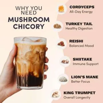 RYZE Mushroom Chicory | 6 Organic Adaptogenic Mushrooms | Caffeine Free | Keto | Chicory root | Energy, Focus, Digestion, Immunity | Cordyceps, Lion’s Mane, Shiitake, Reishi, Turkey Tail | 30 servings