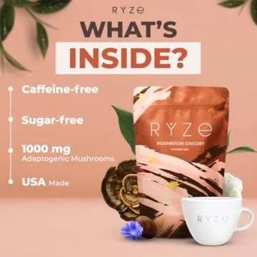 RYZE Mushroom Chicory | 6 Organic Adaptogenic Mushrooms | Caffeine Free | Keto | Chicory root | Energy, Focus, Digestion, Immunity | Cordyceps, Lion’s Mane, Shiitake, Reishi, Turkey Tail | 30 servings