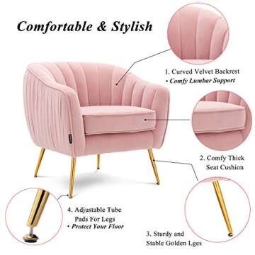 Artechworks Velvet Modern Tub Barrel Arm Chair Upholstered Tufted with Gold Metal Legs Accent Club Chair with Ottoman Footrest for Living Reading Room Bedroom, Pink