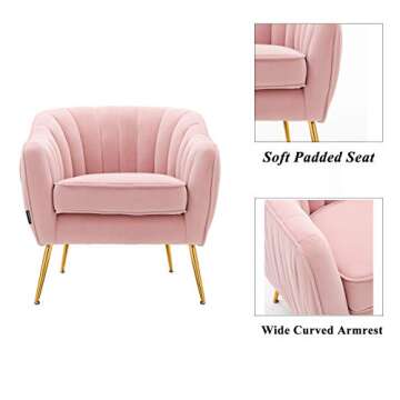 Artechworks Velvet Modern Tub Barrel Arm Chair Upholstered Tufted with Gold Metal Legs Accent Club Chair with Ottoman Footrest for Living Reading Room Bedroom, Pink
