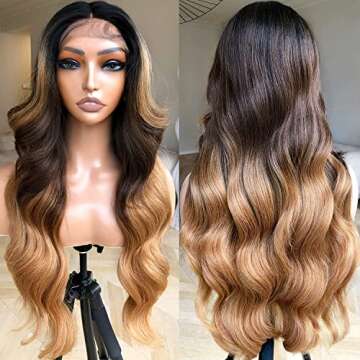 BlackSwern Ombre Lace Front Wig, Highlight Ombre Body Wave Wig Pre-plucked Pre-layered Pre-styled, G...