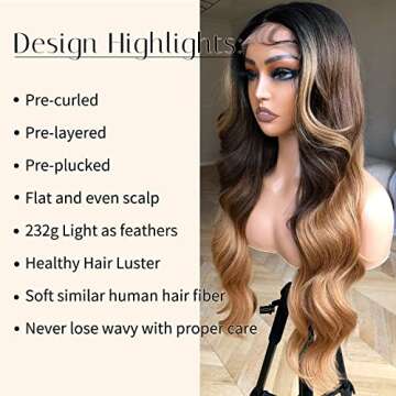 BlackSwern Ombre Lace Front Wig, Highlight Ombre Body Wave Wig Pre-plucked Pre-layered Pre-styled, Glueless Lace Wigs for Black Women, 1b/30/27