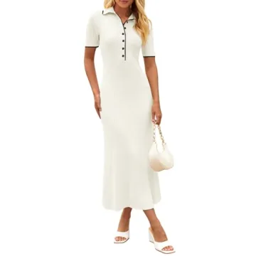 MEROKEETY Women's Polo V Neck Color Block Long Dress Elegant Stretch Fitted Pullover Maxi Dress, Bei...